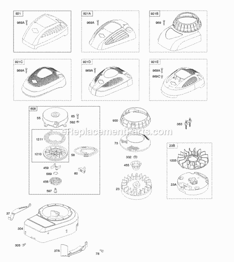 Blower HousingShrouds Flywheel Rewind Starter Diagram and Parts List for 10T502-0500-B1  Briggs and Stratton Engine
